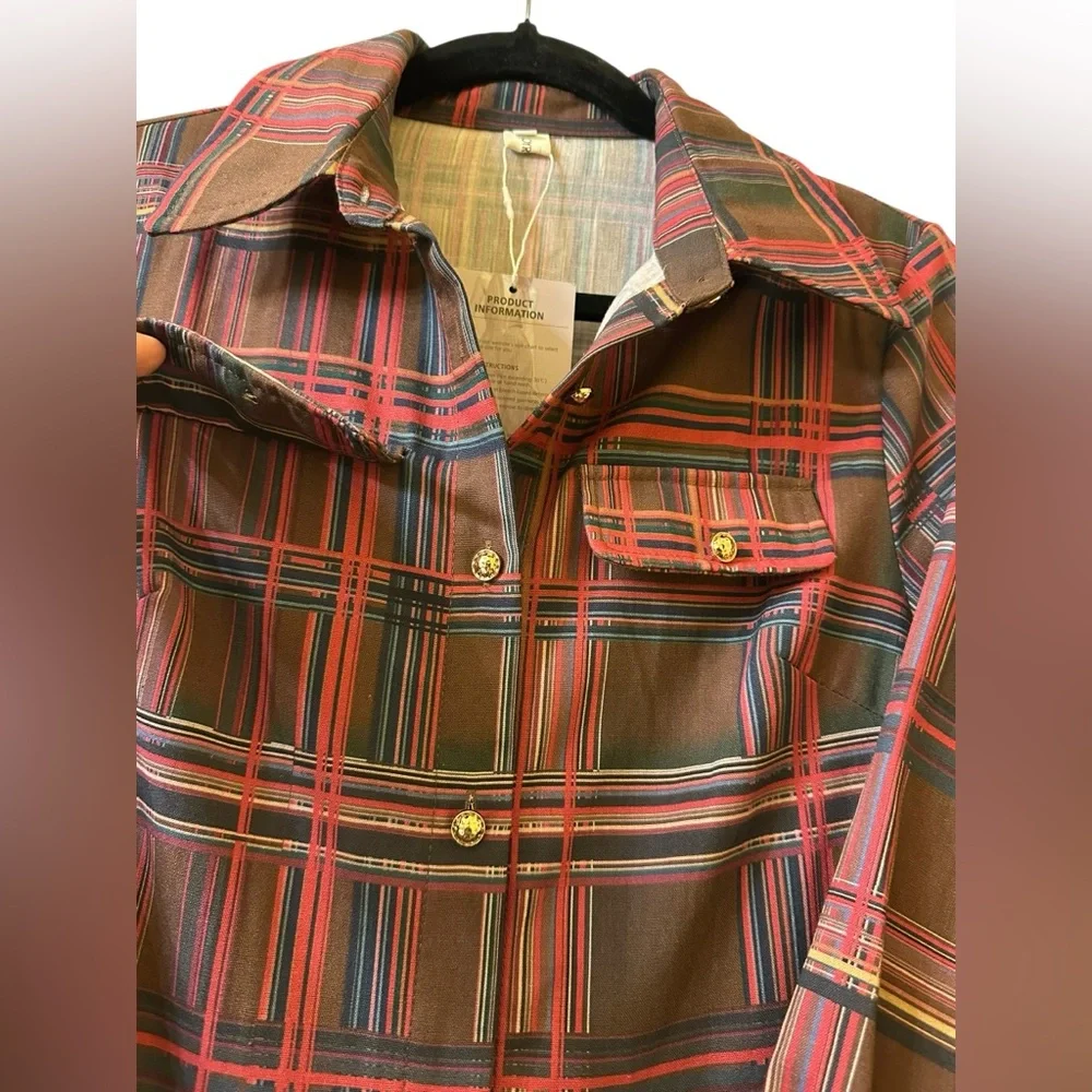 Oyrosy Retro Ethnic Style Lapel Reddish Brown Plaid Maxi Dress size S - Picture 9 of 11